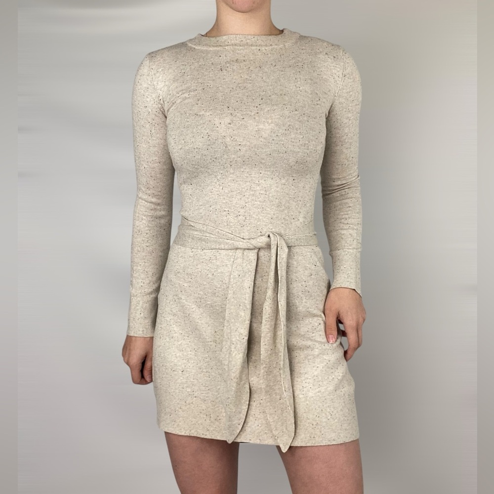 VETTA Organic Cotton The Mock Neck‎ Sweater Dress Knit Tie Long Sleeve Mini